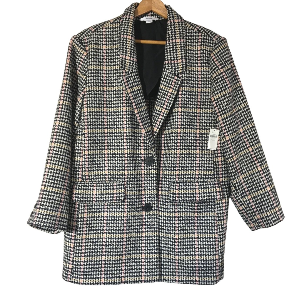 Old Navy Oversized Black White Pink Yellow Plaid Blazer Jacket Wool XL Petite‎